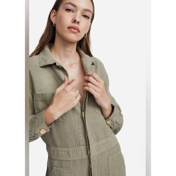 Mate The Label Linen Jumpsuit Long Sleeves Button Front Pockets Green Small NEW - Picture 1 of 10